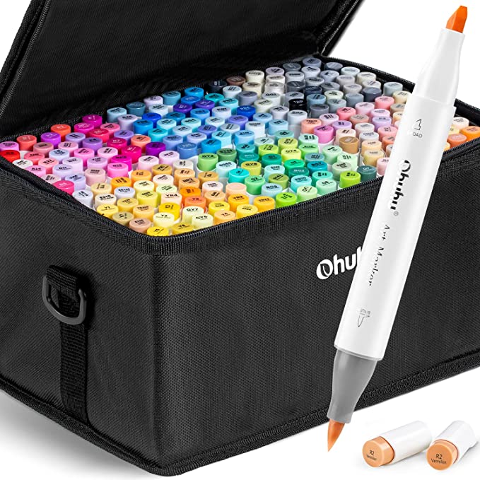Ohuhu Alcohol Markers Set, 216-color + 1 Blender Brush & Chisel