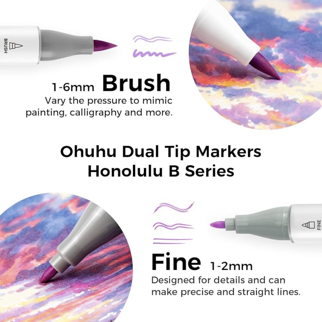 Ohuhu Alcohol Markers Set, 104-color + 1 Blender Brush & Fine