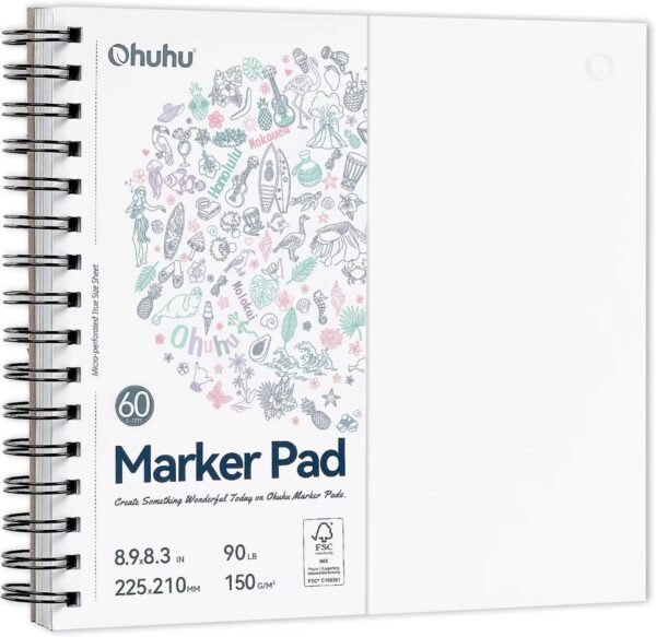 Ohuhu Double Sided Marker Pad Bleedproof 8.9″x8.3″ Spiral Bound - Image 6